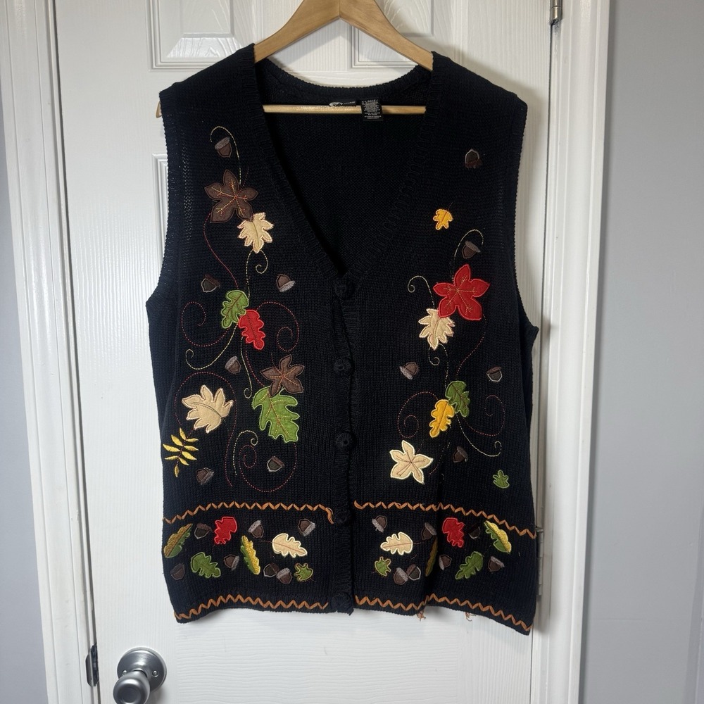 Vintage Holiday Editions Womens Sweater Vest Fall Leaves Appliqué Size XL